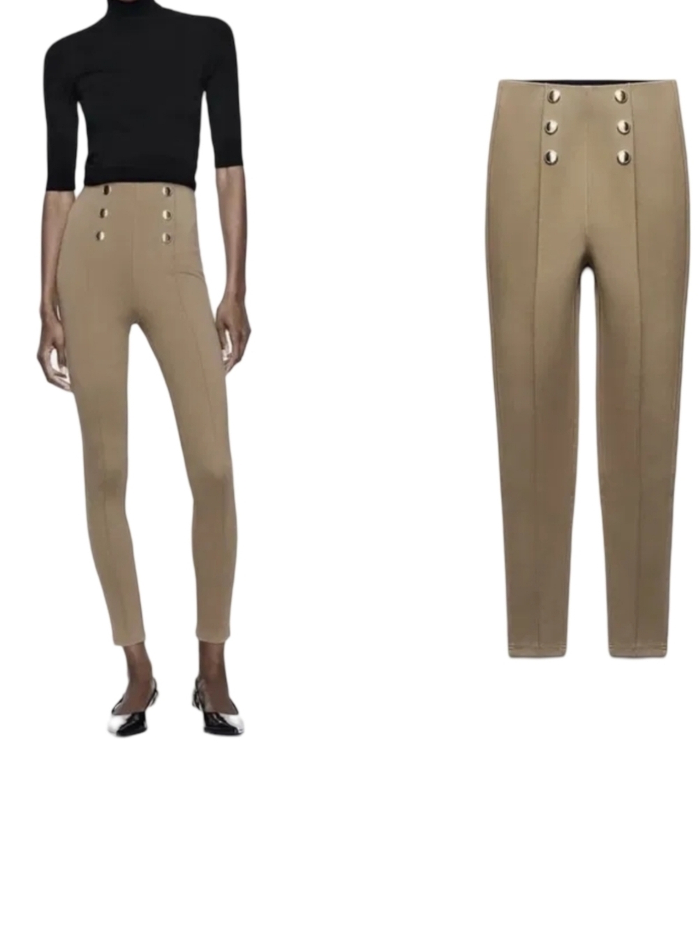 Zara High-Waist Skinny Pants with Gold Buttons — Tan Size M